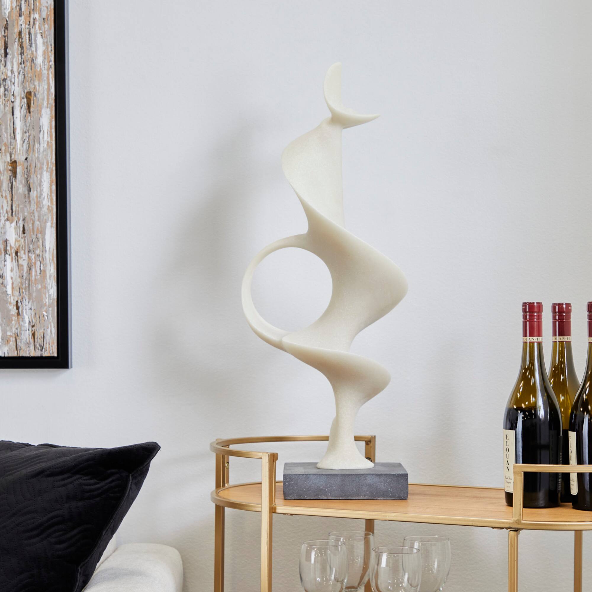 28" White Polystone Abstract Sculpture with Black Base